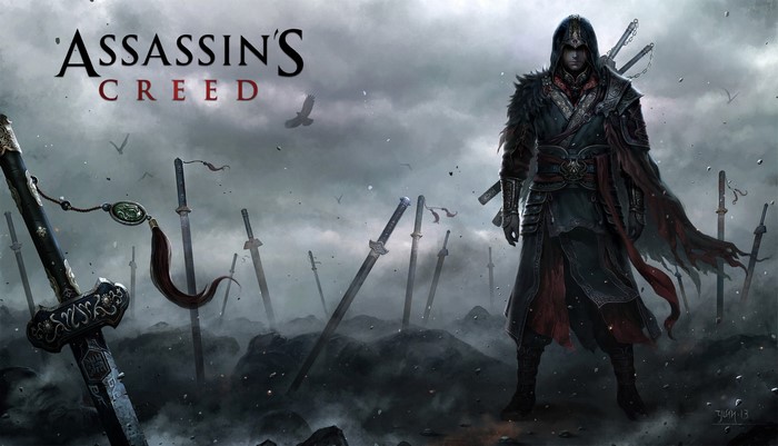 Assassin's Creed warrior standing amidst swords