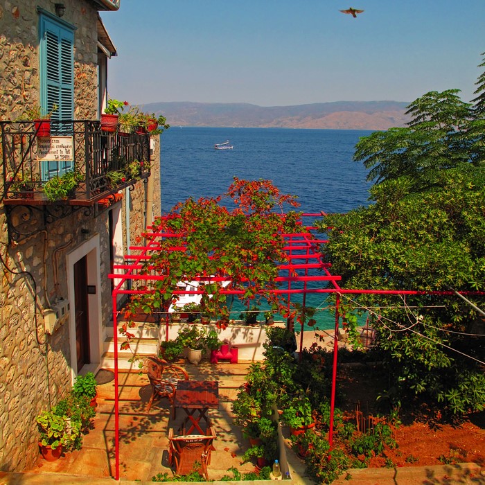 Terrace overlooking the sea in Hydra, Greece