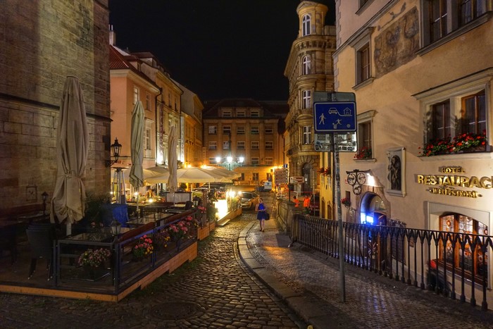 Street scene at night in Prague, Czech Republic
