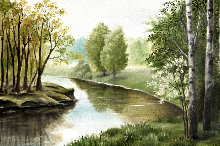 Painting of a river flowing through a forest with trees
