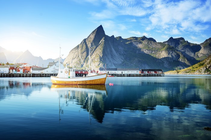 Motorboat in Norway near Lofoten Mountains