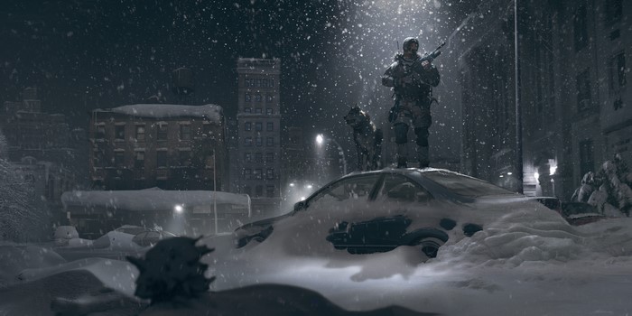 Soldier and dog in a snowy city at night
