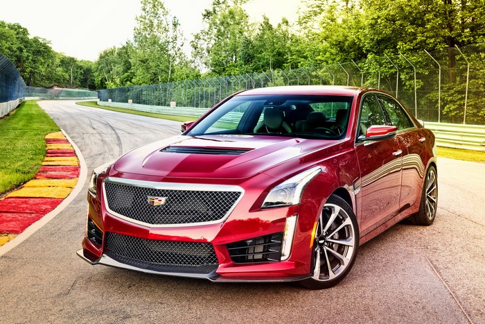 Red 2015 Cadillac CTS-V on a Racetrack