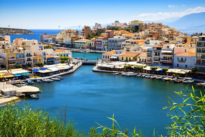 Agios Nikolaos Crete Greece Coastline with Boats and Buildings