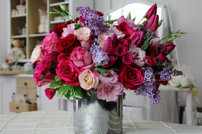 Bouquet of Roses, Tulips, and Lilac in a Vase