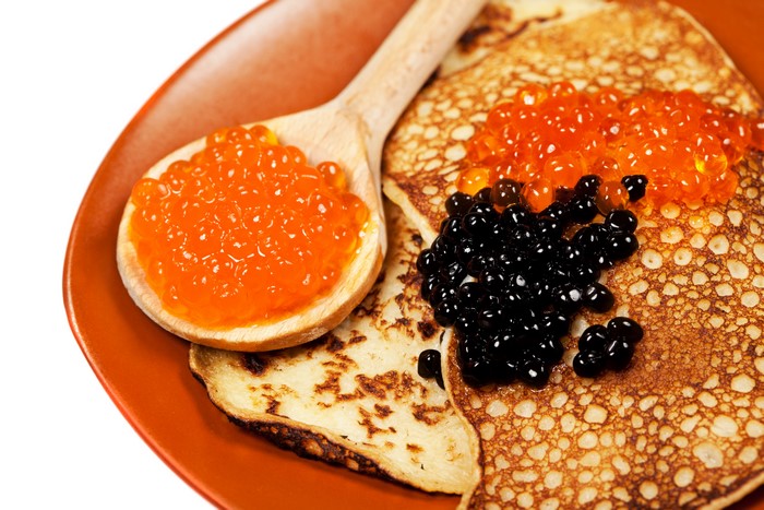 Pancakes with Red and Black Caviar on a Spoon