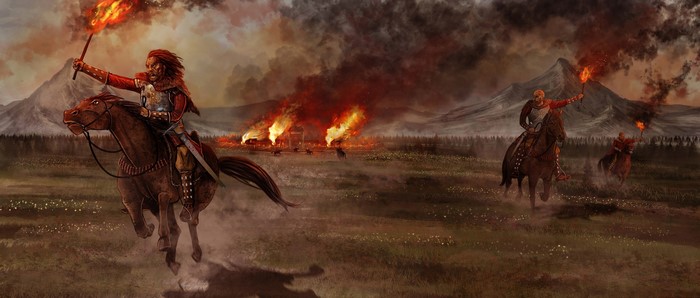 Warriors on horseback with torches during a village burning
