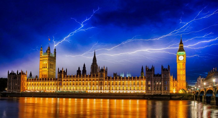 Houses of Parliament and Big Ben during a lightning storm