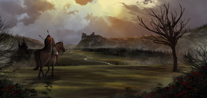 Warrior on horseback approaches a castle on a hill