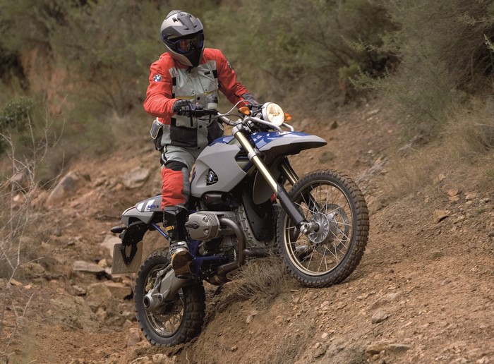 BMW HP2 Enduro motorcycle rider on a dirt path