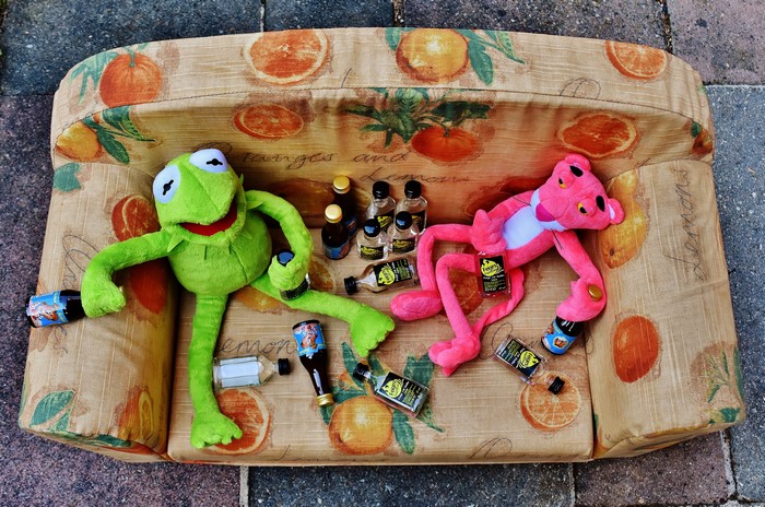 Kermit the Frog and Pink Panther with bottles on sofa
