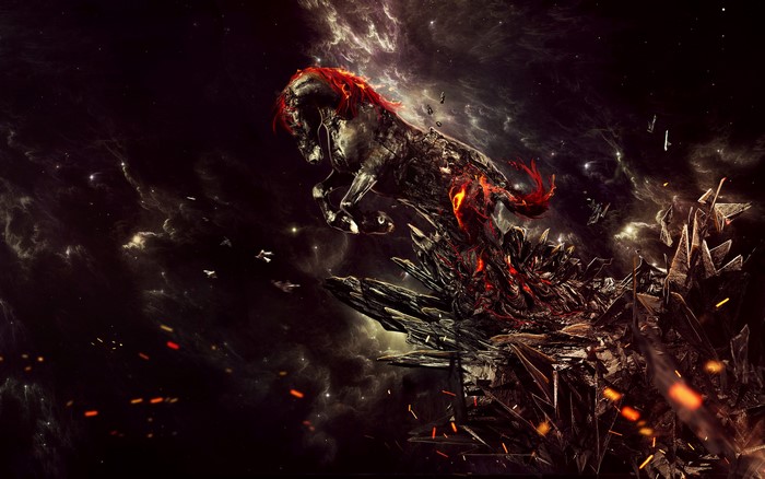 Fiery horse leaping from dark, rocky debris in space