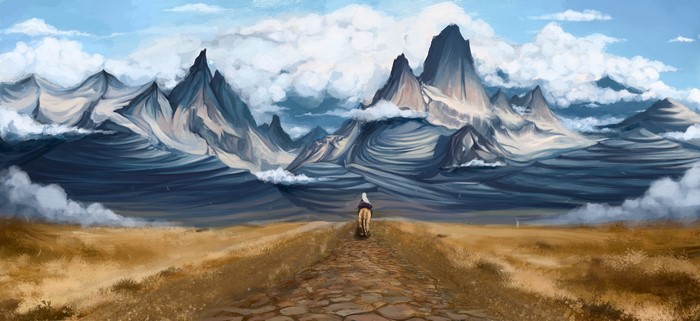 Person on horseback on a path towards mountains