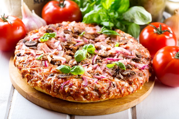 Pizza with Tomatoes, Basil, and Mushrooms