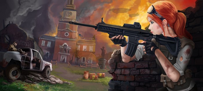 Redhead girl with assault rifle in front of Independence Hall