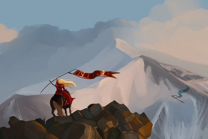 Warrior with Banner on Horseback in Mountains