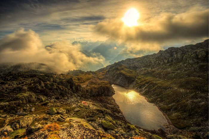 Remersee Goms Switzerland Mountains Lake Alps Clouds Sun