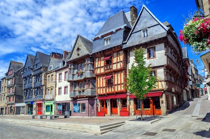 Half-timbered houses on a street in Lannion, Brittany, France