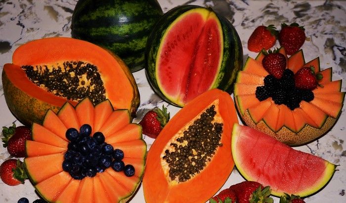 Assortment of Fresh Fruits: Watermelon, Papaya, Melon, Berries