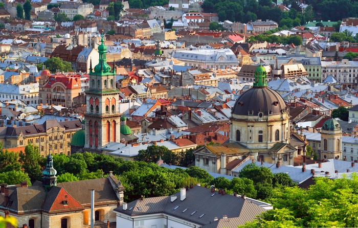 4K panorama of Lviv, Ukraine cityscape with historic buildings