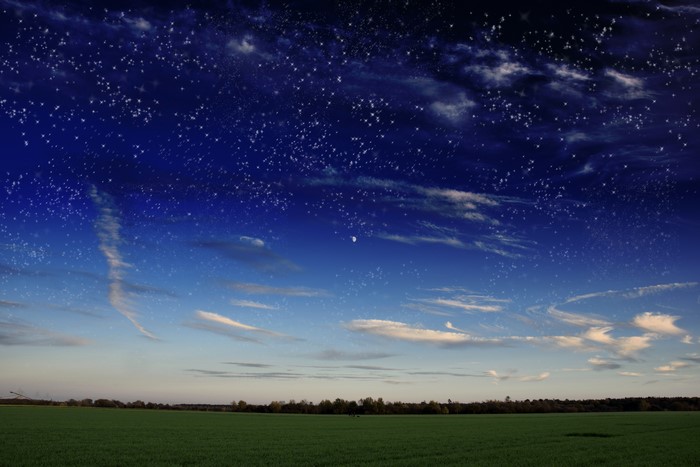 Green fields under a starry night sky with clouds