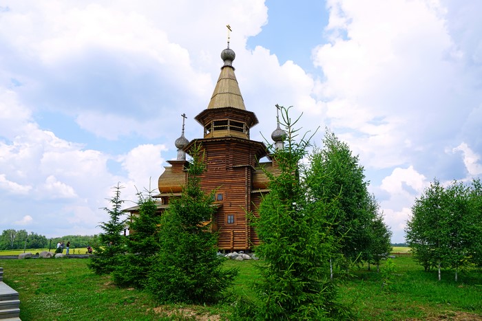 Wooden church with domes in Sergiyev Posad, Russia