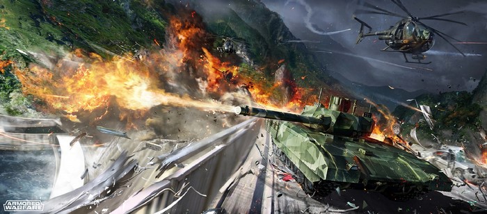 Armored Warfare tank firing with helicopters and explosions