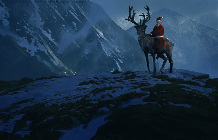 Santa Claus riding a reindeer in snowy mountains