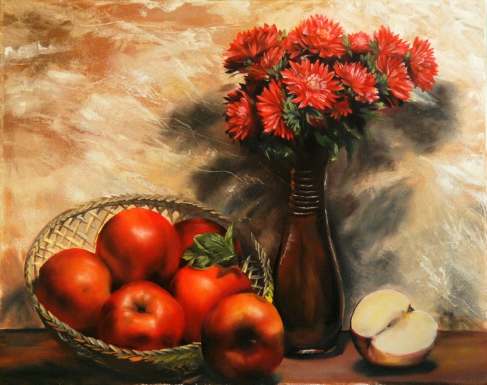 Still life painting of red apples and red flowers in a vase