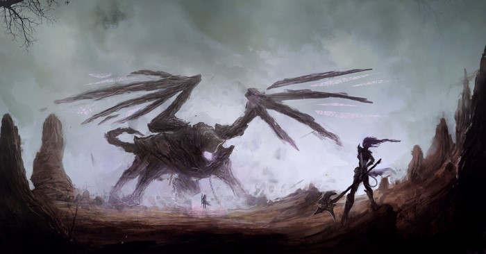 Monster and warrior in a desolate landscape