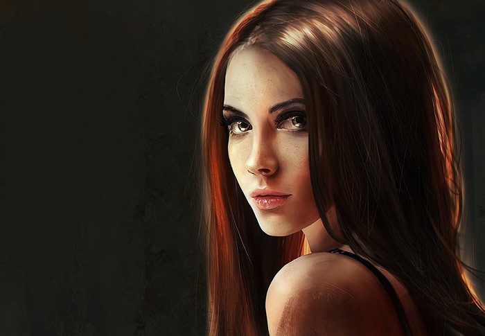 Painting of a brown-haired woman glancing over her shoulder