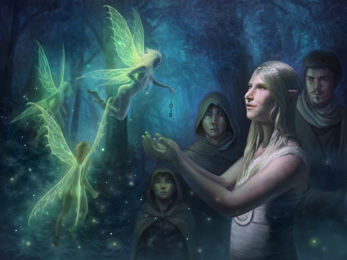 Elves and fairies in a magical forest