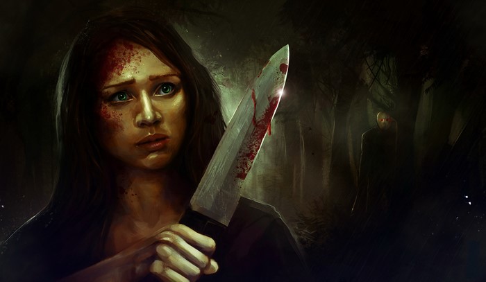 Girl holding bloody knife in dark forest with figure