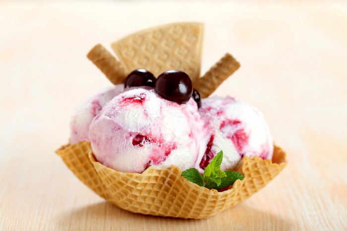 Ice cream with cherries in a waffle bowl