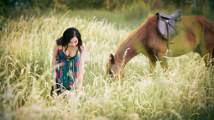 Woman and Horse in a Lush Green Field 4K