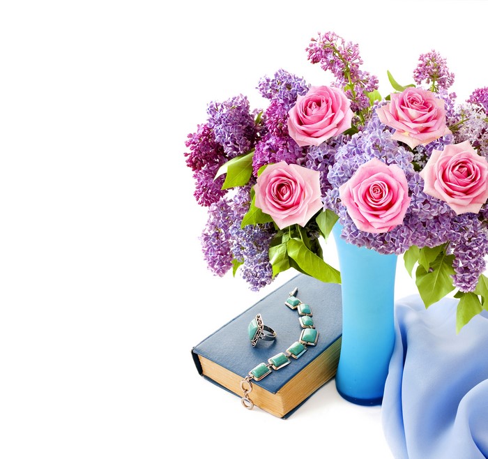 Bouquet of Roses and Lilac with Jewelry on Book