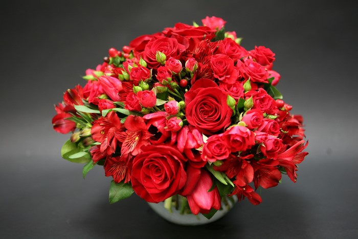 Red Roses, Alstroemeria, and Tulips Bouquet