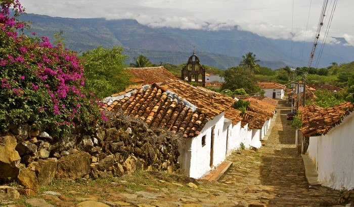 Street in Guane, Colombia with Mountains and Flowers