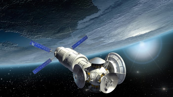 Satellite orbiting a planet with solar panels and dishes