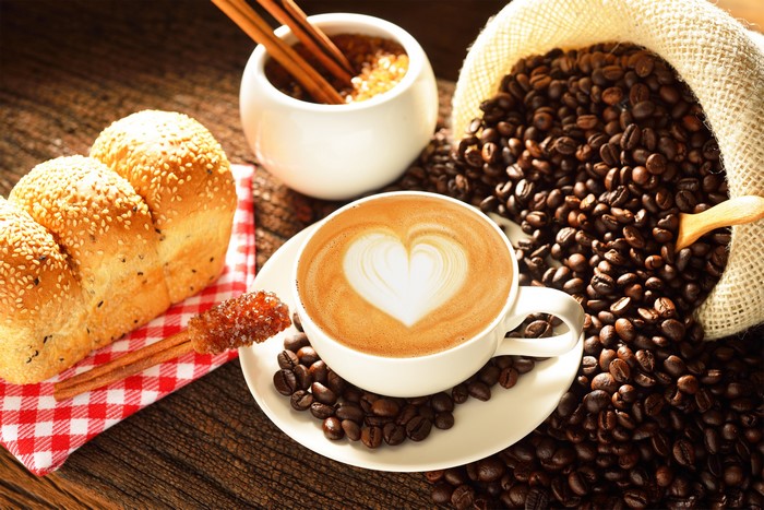 Coffee, Cappuccino, Bread, and Coffee Beans