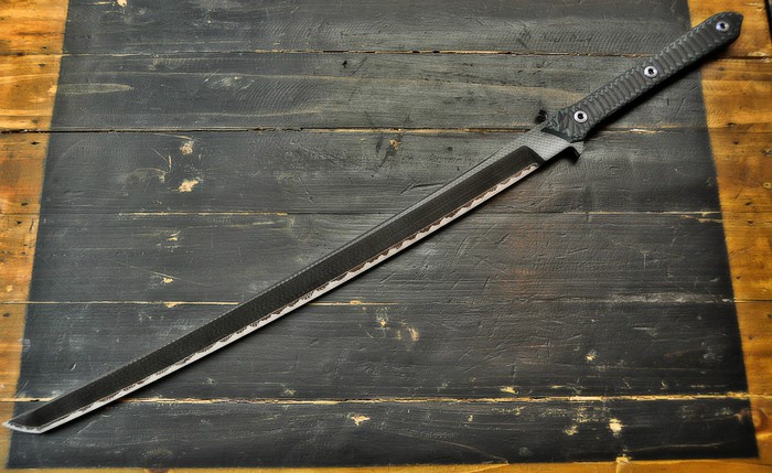 Modern tactical katana on a wooden table