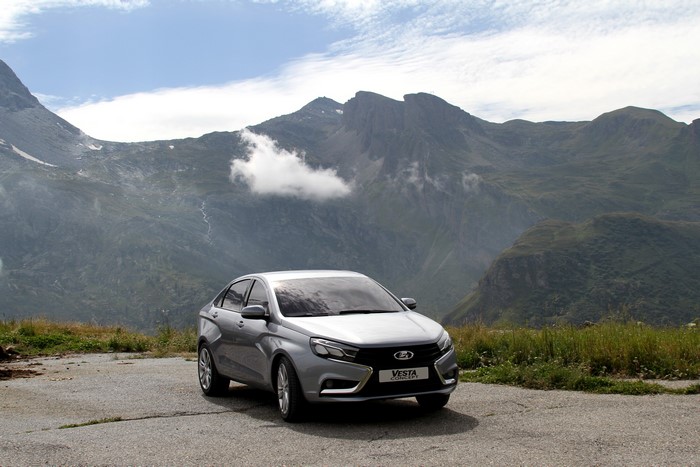 Silver Lada Vesta Concept car in mountains