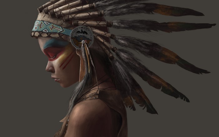 Woman wearing a Native American war bonnet with face paint