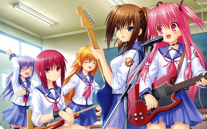Angel Beats! Schoolgirls with Guitars and Microphone