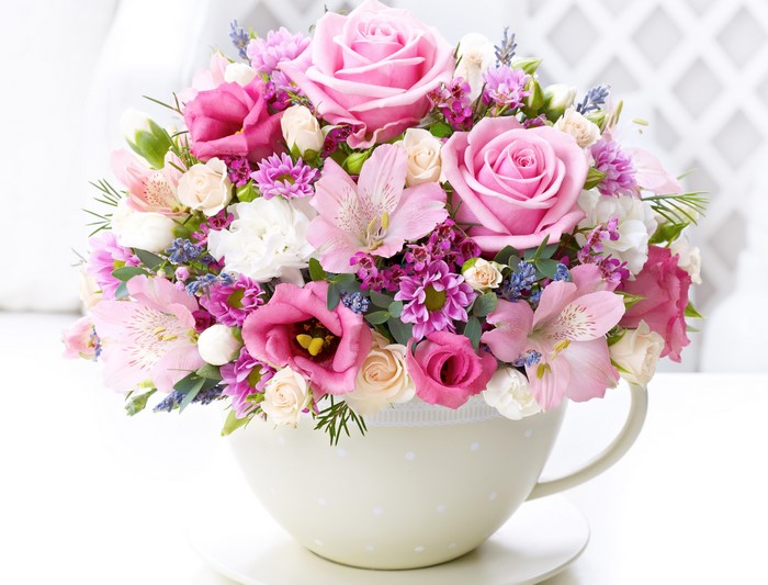 Pink Roses and Eustoma Bouquet in a Teacup