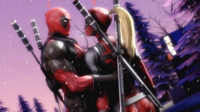 Deadpool and Domino in a romantic pose