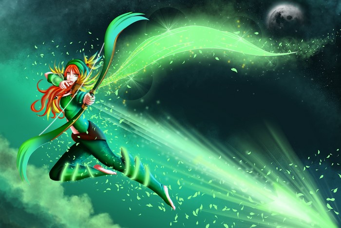 Windrunner from DOTA 2 with green energy bow