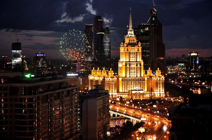Moscow, Russia at Night with Fireworks