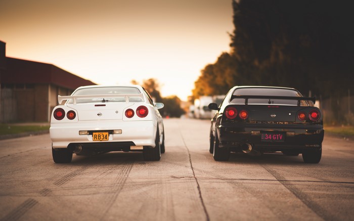 Two Nissan Skyline R34 GT-R cars, back view