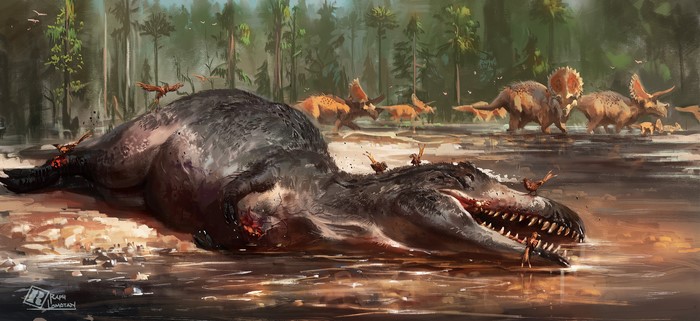 Dead Tyrannosaurus Rex with Pterosaurs and Triceratops